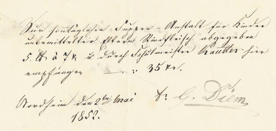 Zur sonntäglichen Suppen-Anstalt für Kinder unbemittelter Eltern Rindfleisch abgegeben 5 Pfd à 7x u. durch Schulmeister Kautter hier empfangen 35x Nordheim den 2ten Mai 1852 G.(ottlieb) Diem (Metzger u. Lammwirt)
