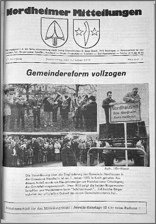 Die Gleichberechtigung beider Gemeinden wurde ab Januar 1975 auch deutlich an dem neugestalteten Kopf des Mitteilungsblattes, auf dem beide Ortswappen abgebildet waren und das ab sofort für beide Ortsteile Gültigkeit besaß.